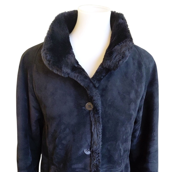 SEARLE Suede Fur Lined Black Coat Women's Medium Suede Jacket - Picture 2 of 11